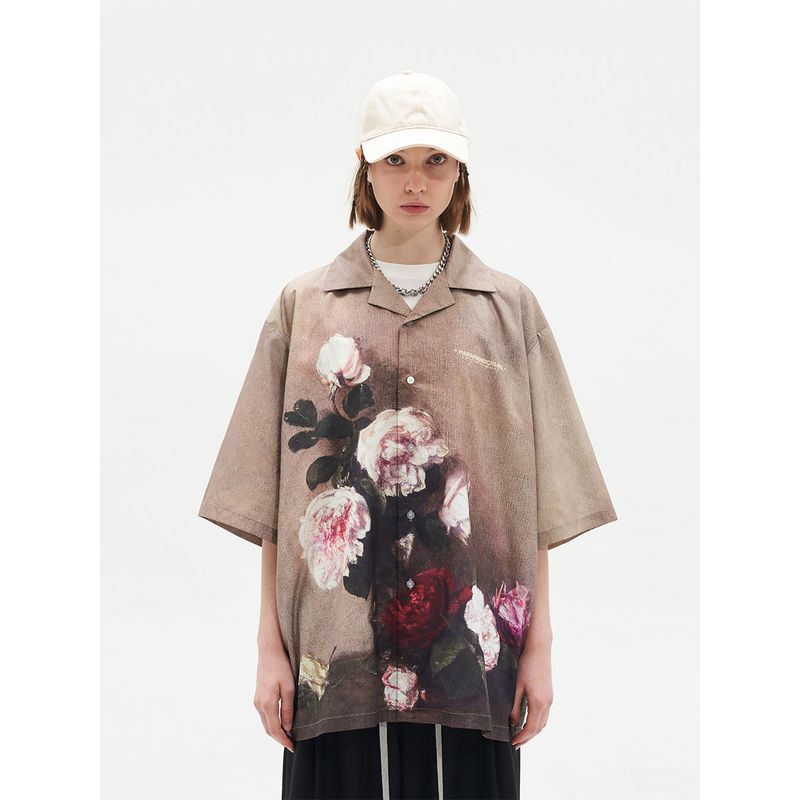 Wang Heyi Same Style Cuban Collar Short Sleeve Oil Painting Print