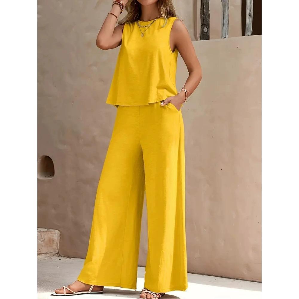 Women Solid 2 Piece Outfit, Round Neck Sleeveless Tank Top + Wide Leg Pants, Casual Matching Set