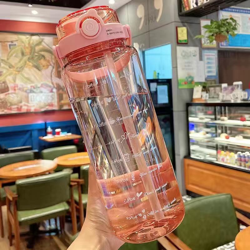 

2 Liter Large Capacity Sports Water Bottle with Time Marker&Straw&Handle Plastic Water Cup Outdoor Camping Travel Drinking Tools