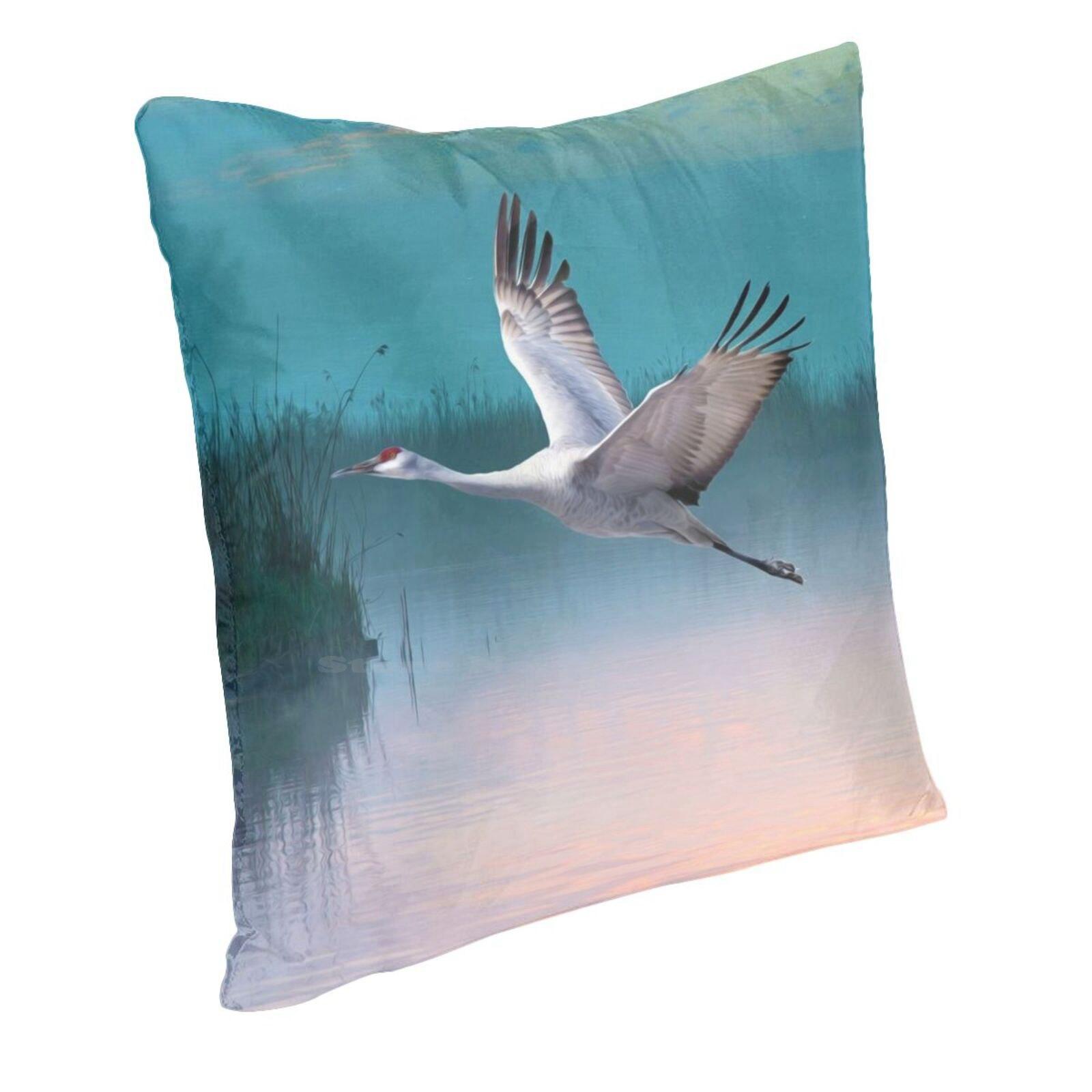 Sandhill Crane And Misty Marshes Pillowcase Bedroom Home Decoration Crane Bird Birds Marshes Wildlife Sandhill Crane Flying Peach skin 18*18(CM)-1Pcs