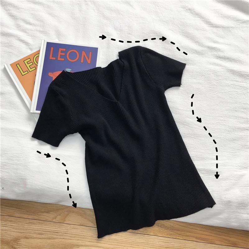 Sommer Slim Dünnes V-Ausschnitt Unterhemd Retro Kurzarm T-Shirt Hundert Gestrickte Pullover Tops Damen Linie Kleidung Lässige Slim Fit Pullover T-Shirts