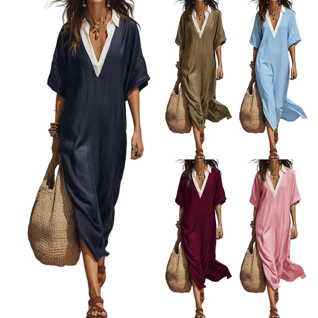 Women's Casual Bohemian Style V Neck Long Dress Loose Fit Vacation Beachwear Lightweight Summer Maxi Dress with Short Sleeves