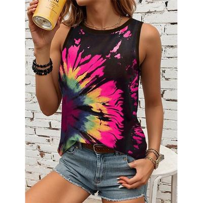 Women's 3D Tie Dye Printed Sleeveless T-shirt, Round Neck Off Shoulder Casual Vest, Y2K Sleeveless Top, T-shirt, Women's Clothing