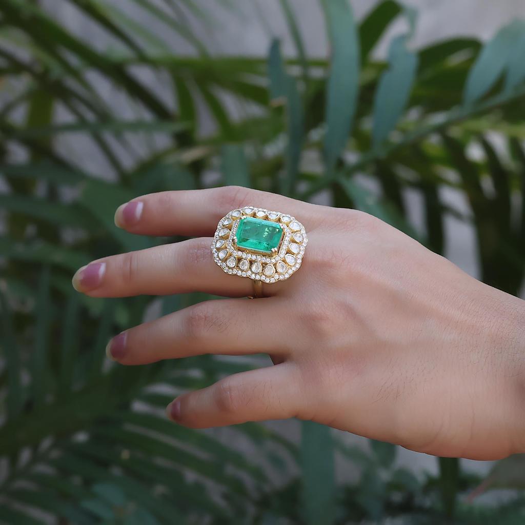 925 Sterling Silver Handmade Jewelry, Gold Finish Kundan Ring, Indian jewelry, Statement Women ring Polki Ring, Moissanite Adjustable Ring