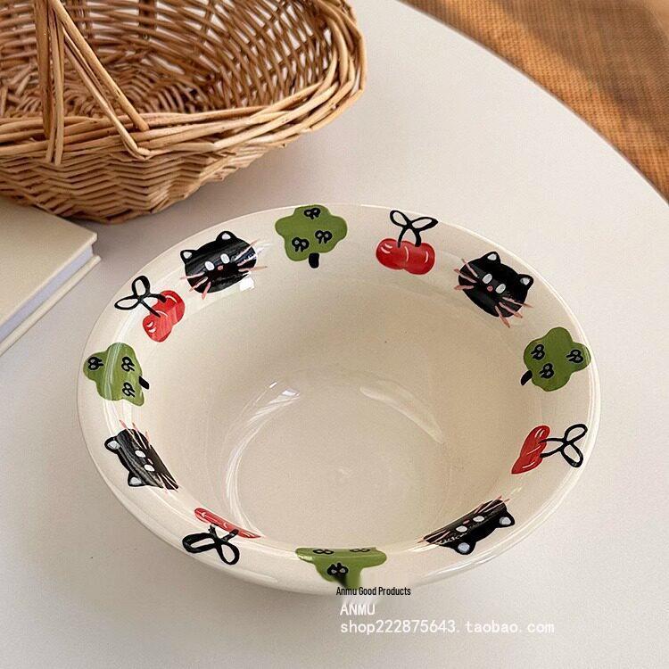 Korean-Style Cute Black Cat & Cherry Blossom Ceramic Bowl