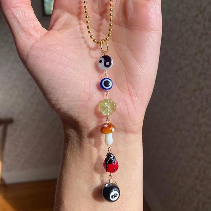 Evil Eye Good Luck Car Charm with 8 Ball, Mushroom, Clover, Ladybug, & Yin Yang Symbols