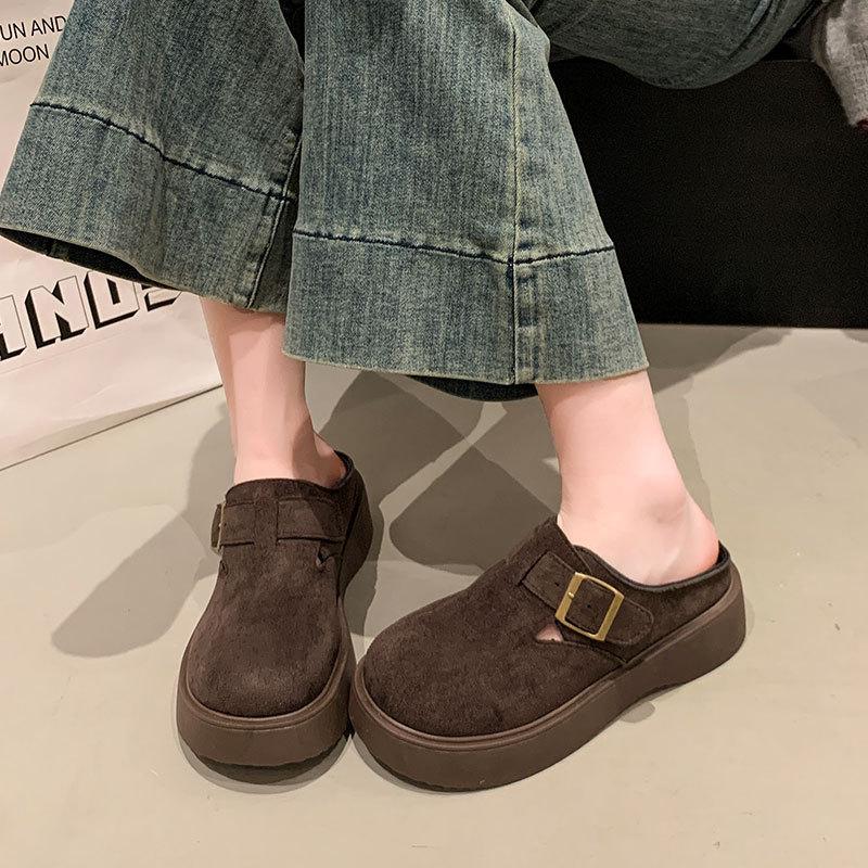 Retro Thick-bottomed Boken Bag Head and Half Slippers for Women's 2025 Spring New Models To Increase Height and Wear Lazy People with One Foot and H