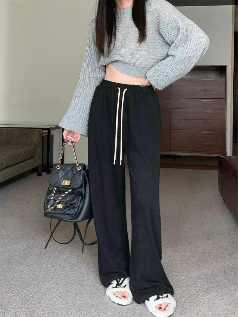 Petite Slimming Wide-Leg Fleece-Lined Pants for Women - Casual Elastic Waist, Loose Fit for Autumn/Winter