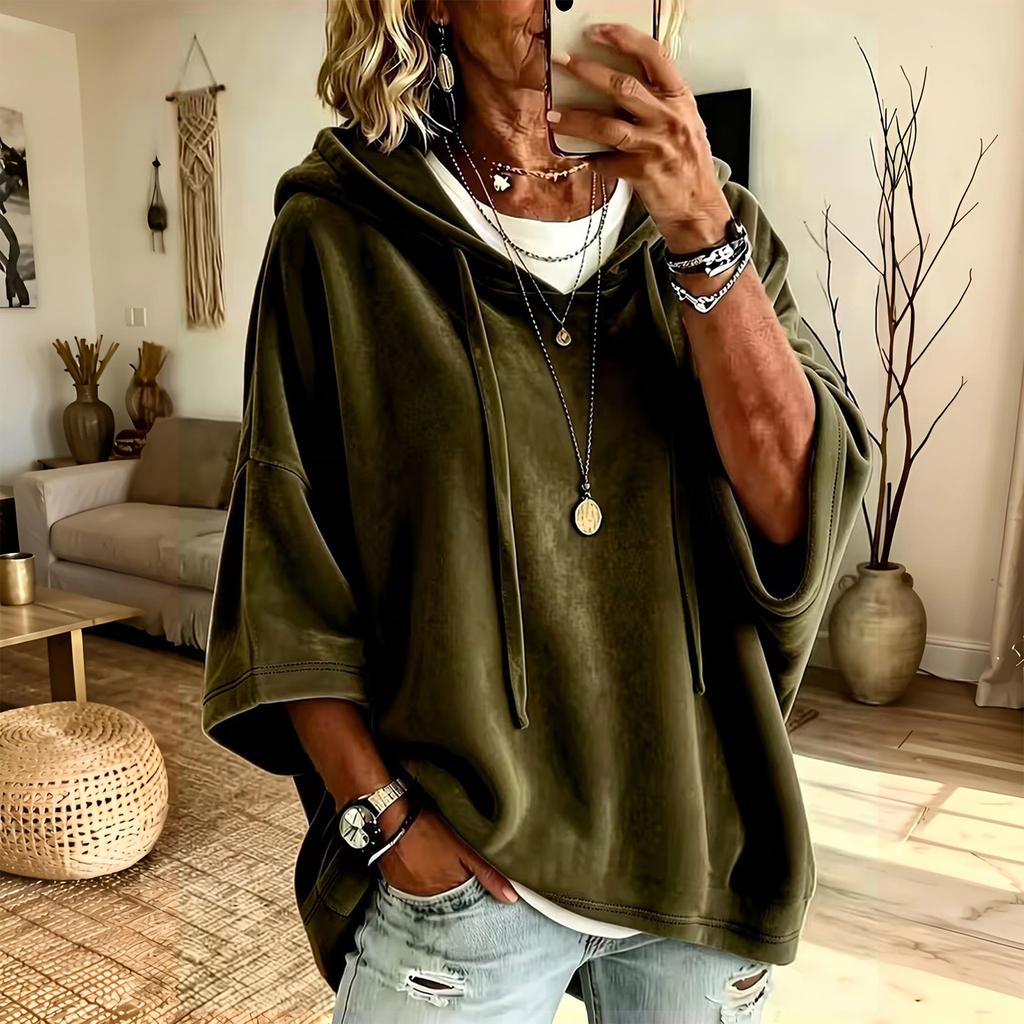 Women's 3/4 Sleeve Velvet Hoodie Color Casual Pullover Top