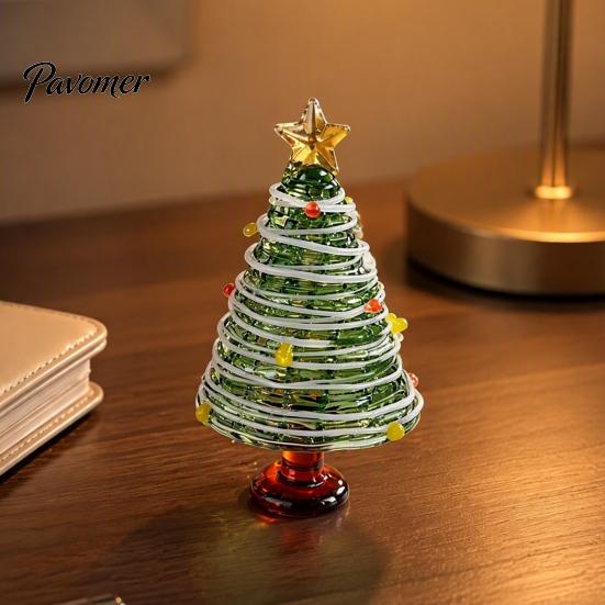 Handmade Colored Glass Decor Glazed Christmas Tree Figurine, Colorful Miniature Xmas Decor, Handcrafted Seasonal Home Festive Ornament Table