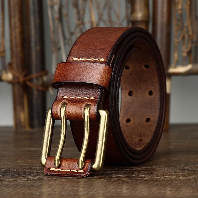 Men's Leather Double Needle Buckle Classic Tow Row Hole Jeans Belt Cowboy Hollowed Out Waistband Width:3.8cm Length:105-125cm