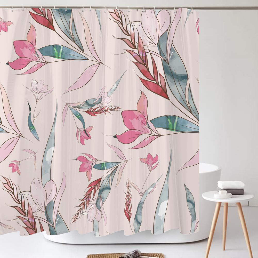Grüne Pflanze Blatt Blume Duschvorhang, Moderner Nordic Minimalistischer Duschvorhang Polyester Stoff Badezimmervorhang für Badezimmer Dekor