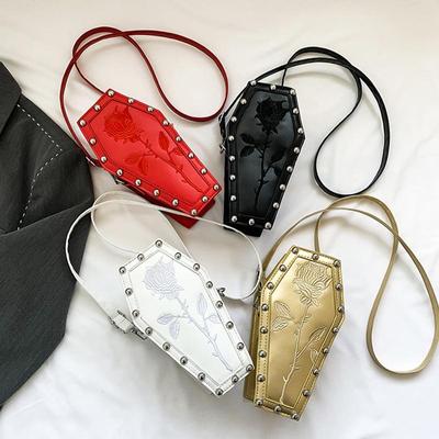 Dámská taška přes rameno tvaru rakve z PU kůže Gotický styl Výšivka Růže Kabelka Crossbody taška KTY