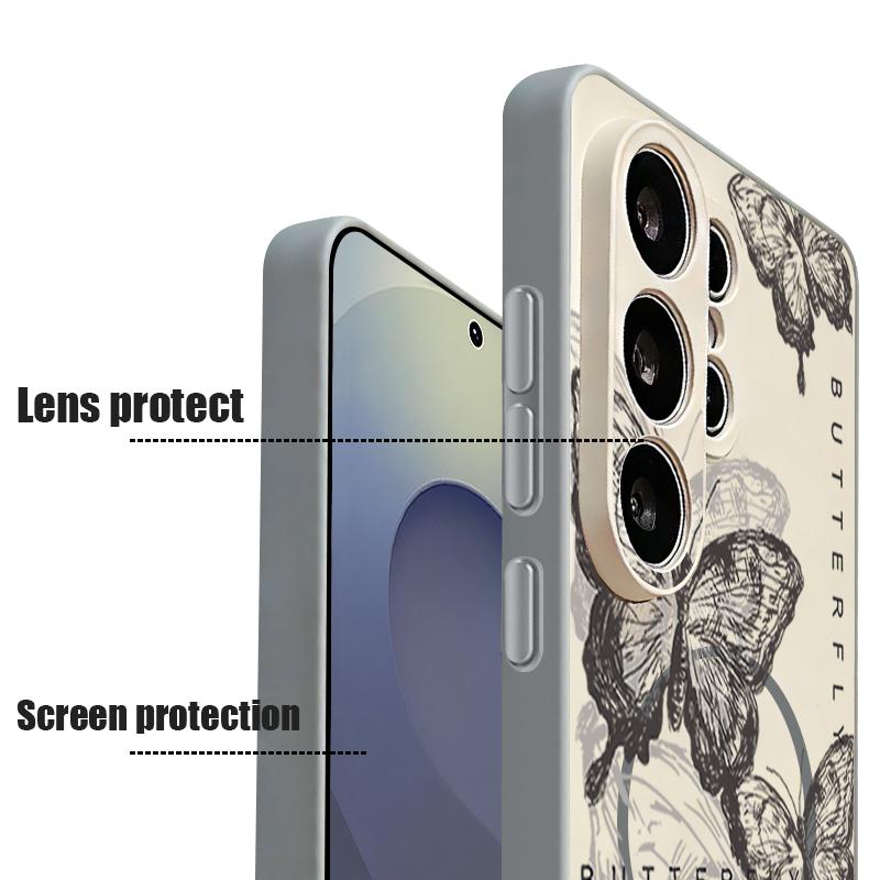Magnetic For Magsafe Case For Samsung Galaxy S26 Ultra S25 Edge S24 Plus S23 FE S22 A54 A55 A56 5G Retro Butterfly Print Matte Cover