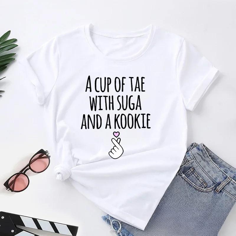 Y2k Clothes Tee Shirt Femme T-Shirts for Women Graphic Tees Camisetas Mujer A Cup of Tae with Suga and A Kookie Printed 71686