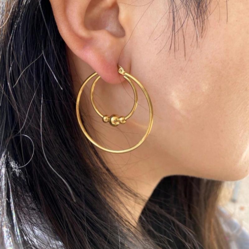 Edelstahl Übertriebener Runder Perlen Creolen Ohrring für Damen Herren Glattes Design Vintage Doppelringe Ohrring Persönlichkeits Schmuck