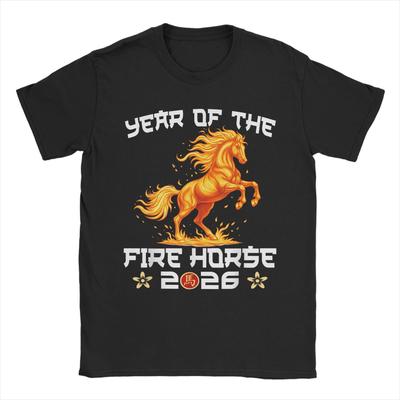 Mens TShirt Year of The Fire Horse New Year 2026 Zodiac Horse Pure Cotton Tees Short Sleeve  T Shirts O Neck Tops Unique