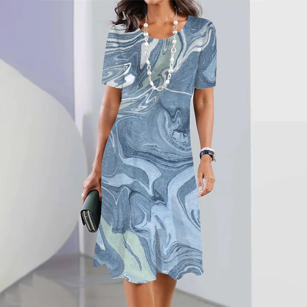 Summer Women's Long Dress Round Neck Long Dress Female Dress Vacation Beach Casual Short Sleeve Elegant Loose Dress