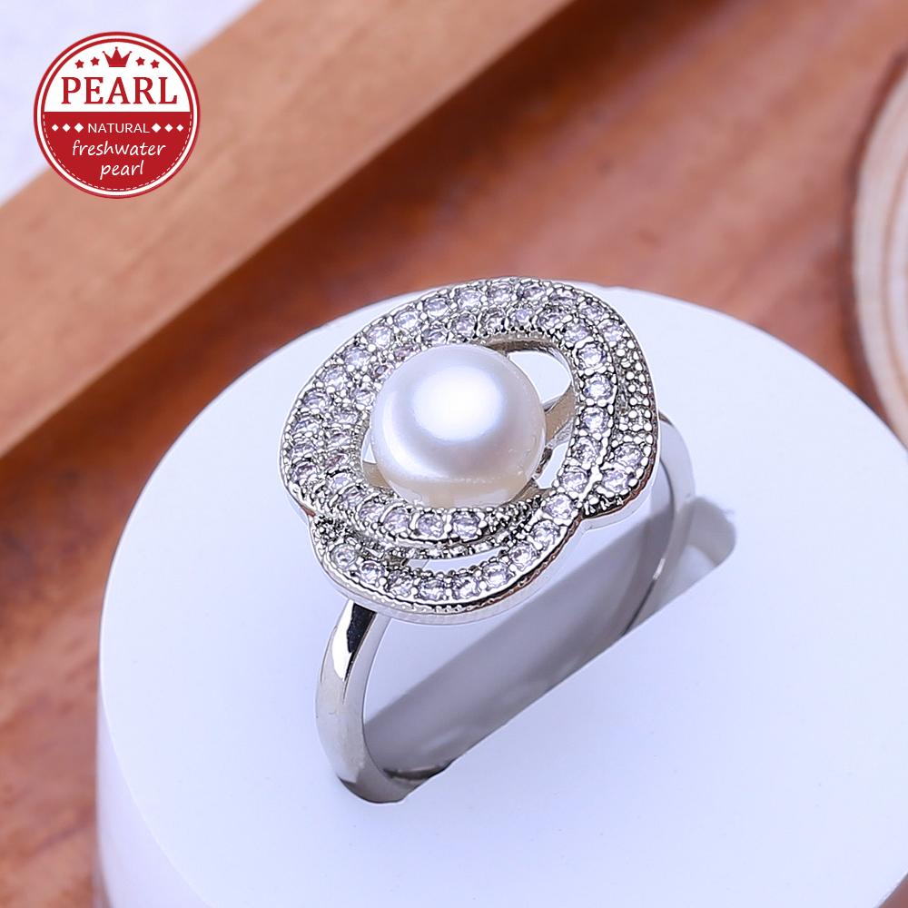 LSOOYH Anelli di perle d'acqua dolce naturali per le donne Anello di fidanzamento nuziale con zirconi cubici di moda