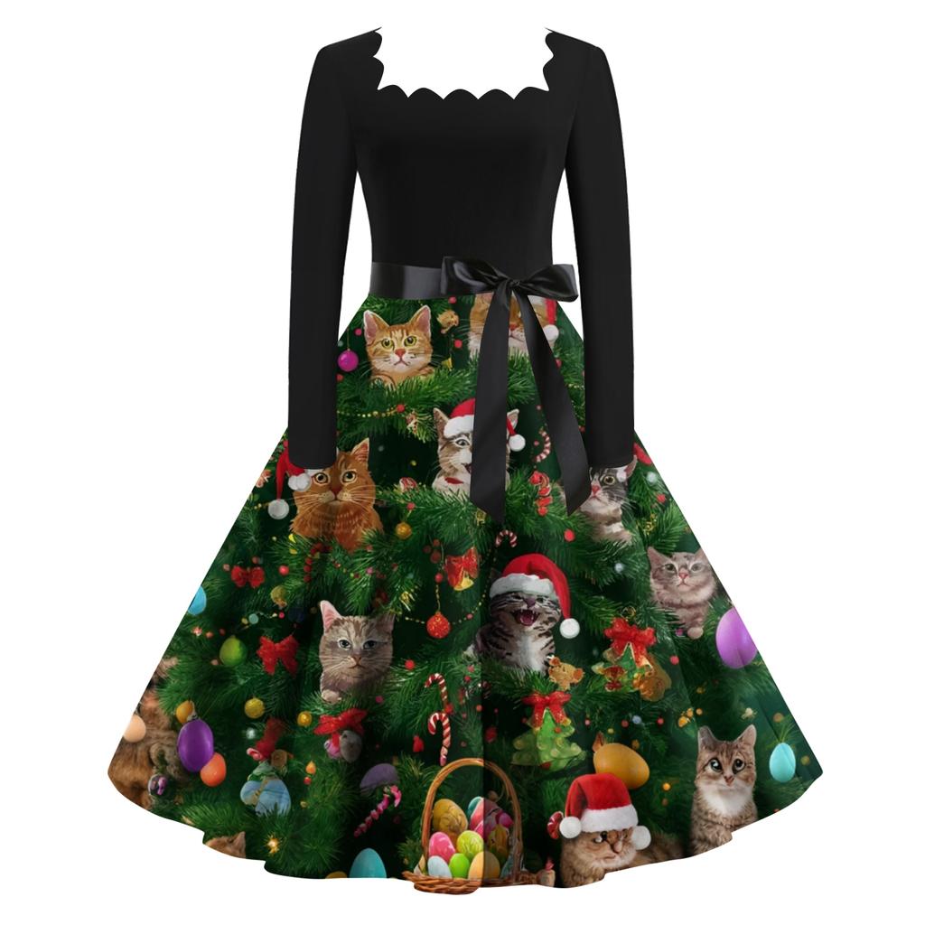 Women's Fashion Retro Long-sleeved Square Collar Christmas Printed Evening Dress