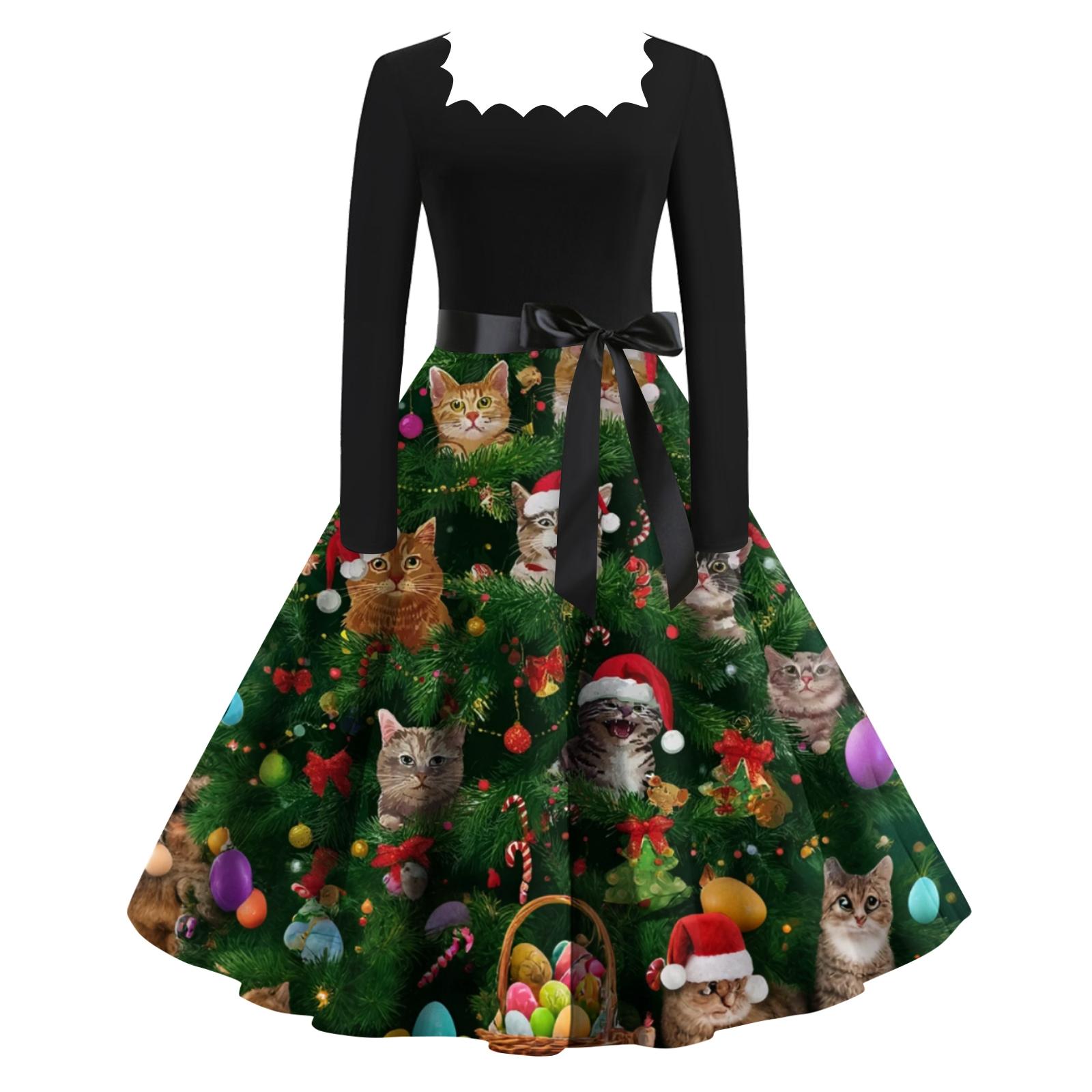 

Женское модное ретро вечернее платье с длинным рукавом, квадратным вырезом и рождественским принтом XXL зелёный