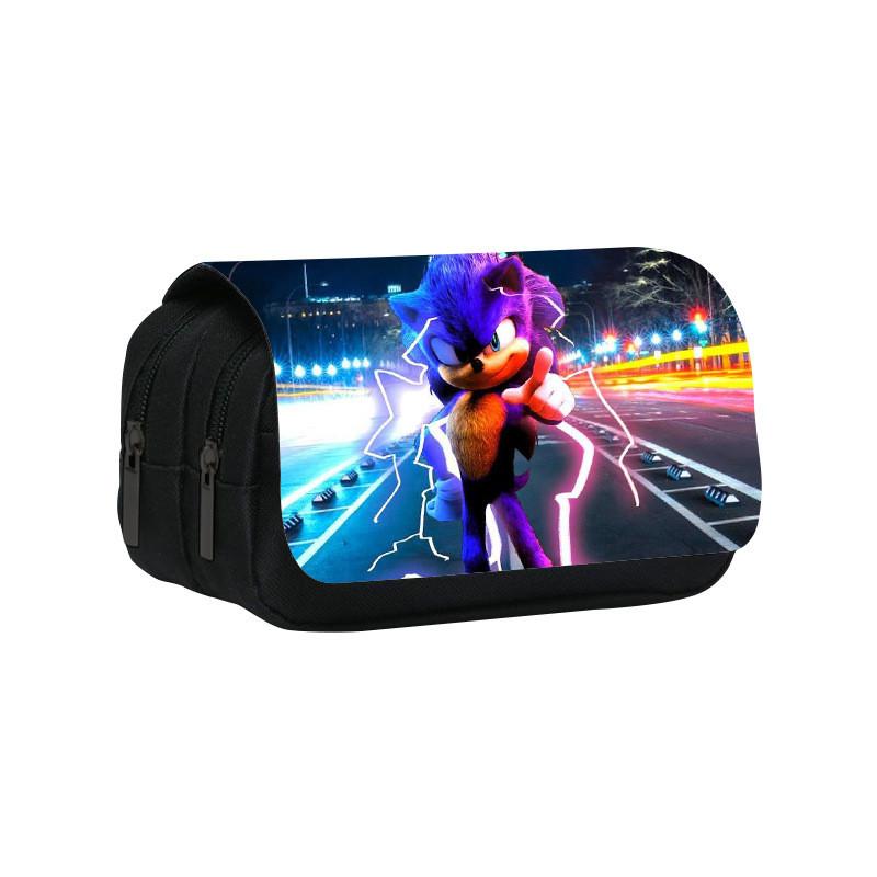 Sonic Pattern Double Layer Flip Cover Stationery Storage Pencil Bag For Students And Office Use