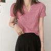 Grey V-neck Short Sleeved T-shirt for Women's Summer Thin Design Sweet and Spicy Girl Slim Fit Short Knitted Top