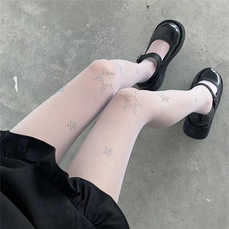 2025 Fashion Star Rhinestone Fishnet Tights Women Sexy Sheer Pantyhose Thigh High Stockings Office Ladies See-through Leggings
