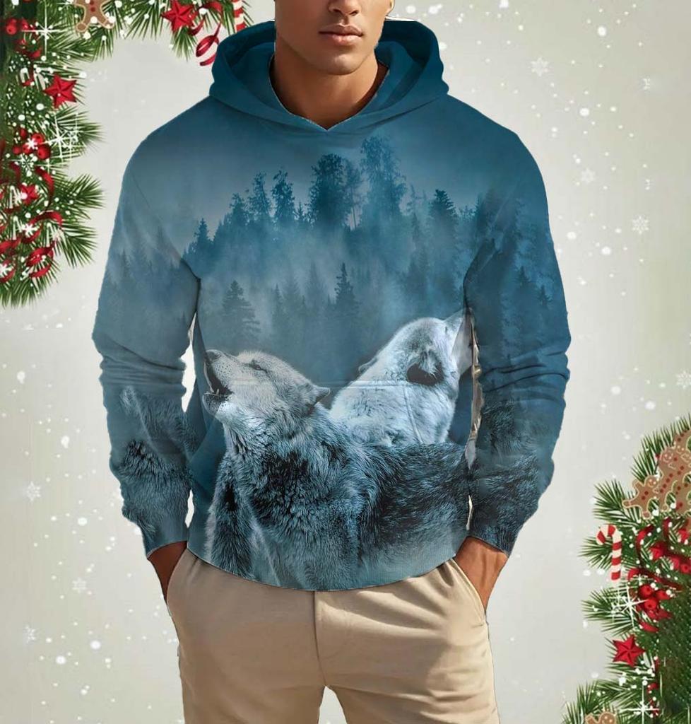 Men's Hooded Fashion Animal Wolf 3D Print Hoodies Top New Autumn Fashion Casual Long Sleeved Pullover Oversized Sweatshirts