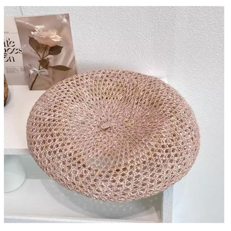 Japanische Einfarbige Helle Seide Hohl Gestrickte Baskenmütze Damen Frühling Sommer Dünnes Baumwollgarn Atmungsaktiv Malerhut Kürbis Hut