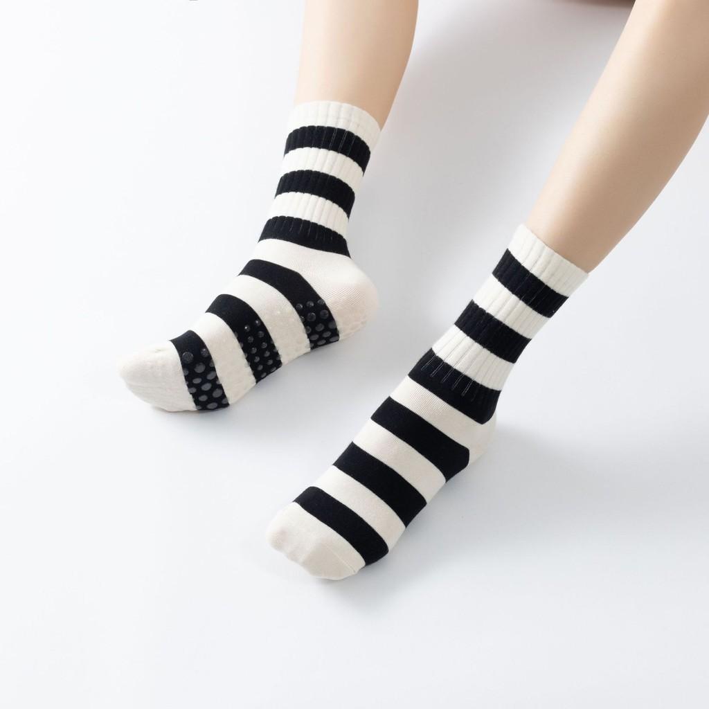 Striped Yoga Calf Socks for Women Autumn Mid Tube Anti Slip Pilates Socks Large Body Elastic Tight Binding Design