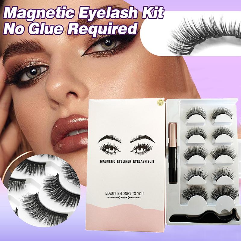 5 Pairs Magnetic Eyelashes Eyeliner Tweezers Set Reusable 3D Natural Curly Mink False Lashes No Glue Needed Easy Apply
