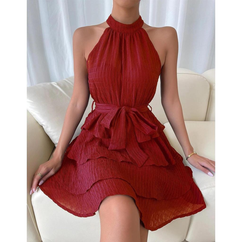 Damen Casual Fashion Sexy Einfarbig Gürtel Bequem Und Cool Rundhals Kleid