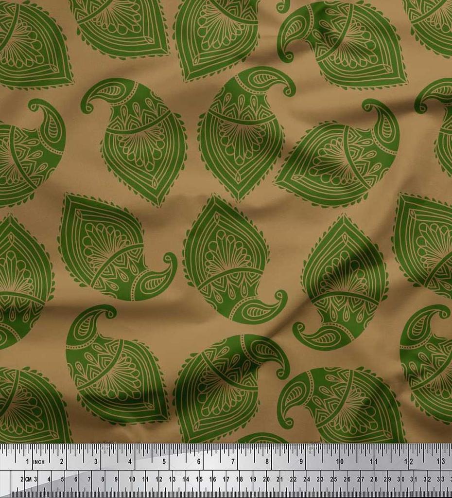 Soimoi Blue Japan Crepe Satin Fabric Green Paisley Printed Craft Fabric by the metre 42 Inch