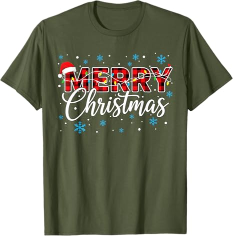Funny Merry Christmas Buffalo Plaid Santa Hat Unisex Women TShirt Xmas Costume Novelty Gift Festive Santa Hat and String Lights