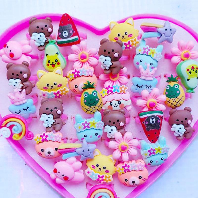 10pcs/Lot Cute Children's Cartoon Rings Glitter Flower Fruit Shape Plastic Adjustable Ope Excluding boxes