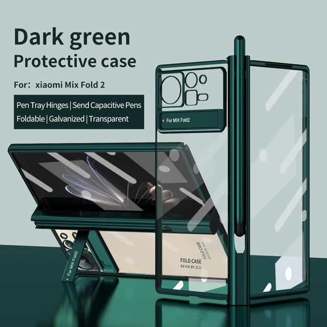 Touch Pen For Xiaomi Mix Fold 2 Case Clear Plating Cover For Xiaomi Mix Fold 2 Hinge Case With Pen Slot Front Screen Glass Film