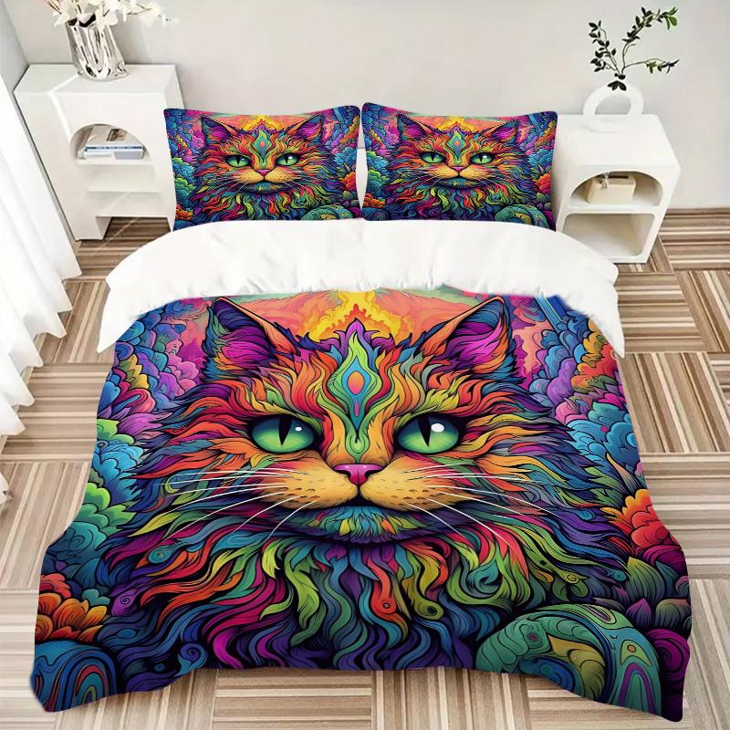 3pcs Cat Art Design Printed Bedding Set, Soft and Comfortable Quilt Cover for Bedroom, Guest Room (1 Duvet Cover + 2 Pillowcases, Pillow Cor