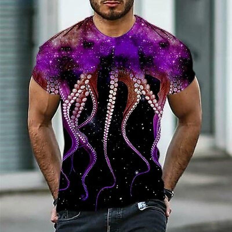 Octopus T-Shirt Mens 3D Shirt Casual | Purple Summer Cotton | Men'S Tee Graphic Crew Neck 3D Print Daily Sports Short Sleeve Clothing Apparel