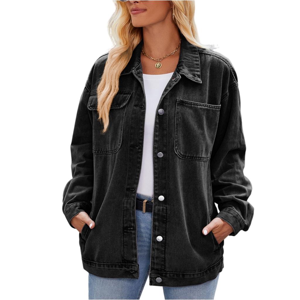 Women's Fashionable Versatile Classic Retro Solid Color Lapel Long Sleeved Pocket Loose Denim Jacket