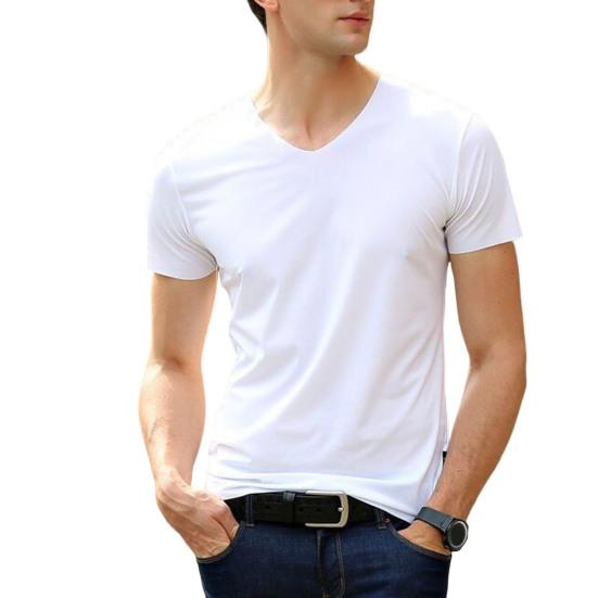 Men Summer T-shirt Solid Color Seamless Ice Silk V Neck Short Sleeves Soft Breathable Pullover Sports Business