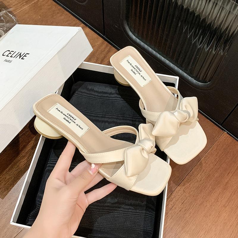 French Bow One-word Slippers Female Summer Wear with Skirt Fairy Sandals High Heels Beach Cool Slippers Women's Shoes