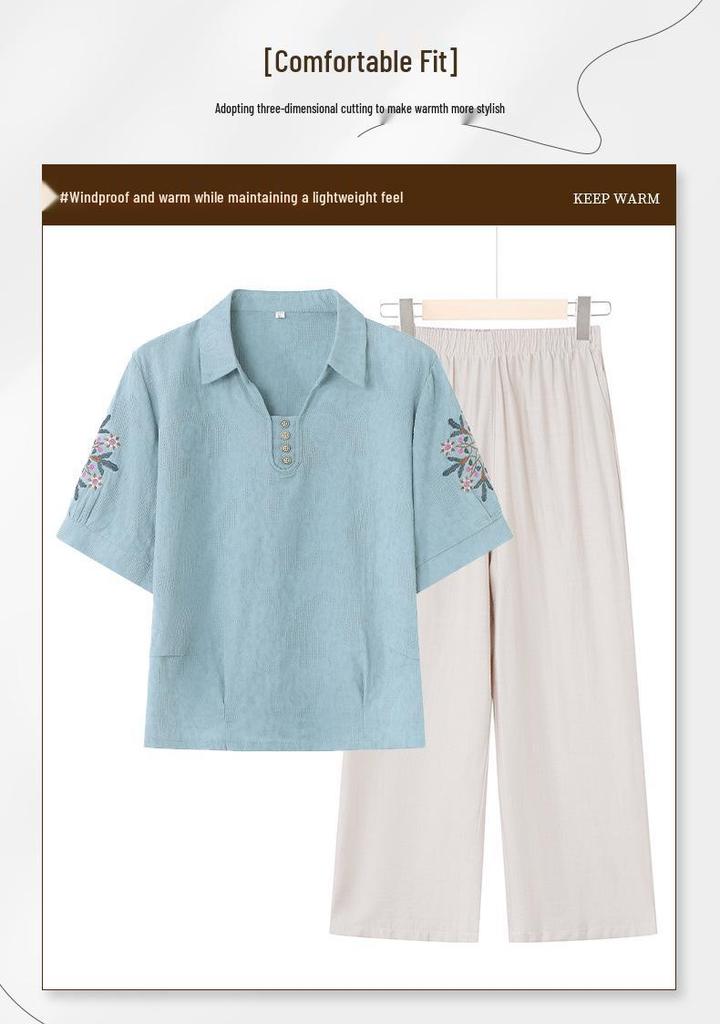2026 Summer Cotton Linen Shirt & Pants Set for Middle-aged Women – Chinese Style, Short Sleeve T-shirt