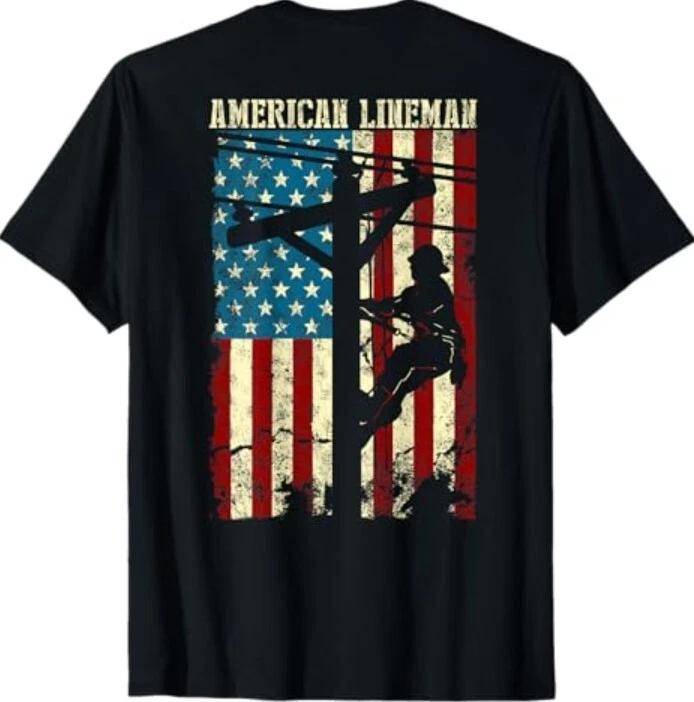 Lineman American flag Electric Cable gift Patriotic Lineman T-Shirt M
