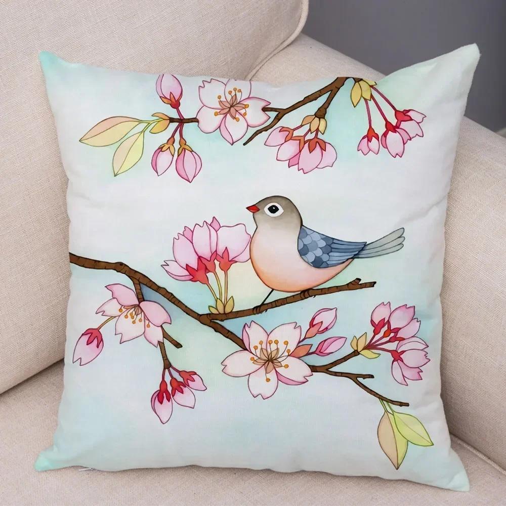 Cute Cartoon Parrot Pillowcase Decorated With Birds And Flowers Living Room Bedroom Sofa Car Cushion Pillowcase 45X45Cm