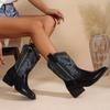 2025 Chunky Heel Single Boots Autumn New Pointed Toe Paneled Embroidered Sleeve Non-Slip Wear-Resistant Mid-Tube Boots