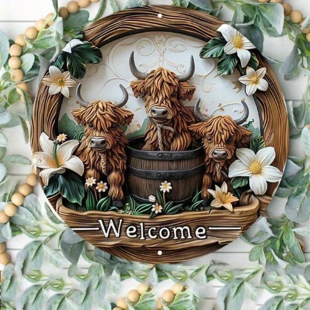 Metal Tin Sign Highland Cow Lily Flower Art 8x8 Inch Aluminum Vintage Poster Indoor Outdoor Wall Decor UV Coated