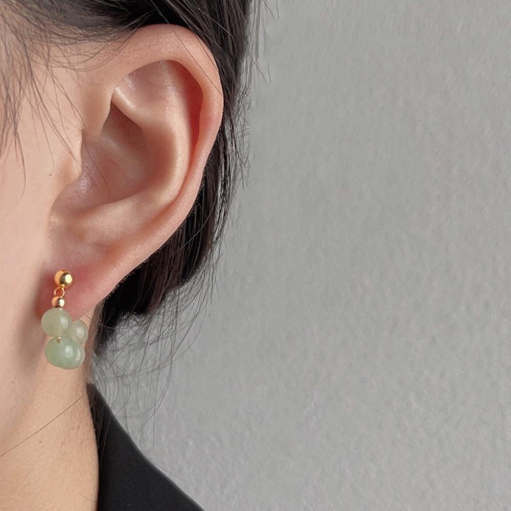 Simple Retro Half-circle Beaded Green Aventurine Beaded Gold Color Hoop Earrings for Women New Chinese Style Aesthetic Jewelry