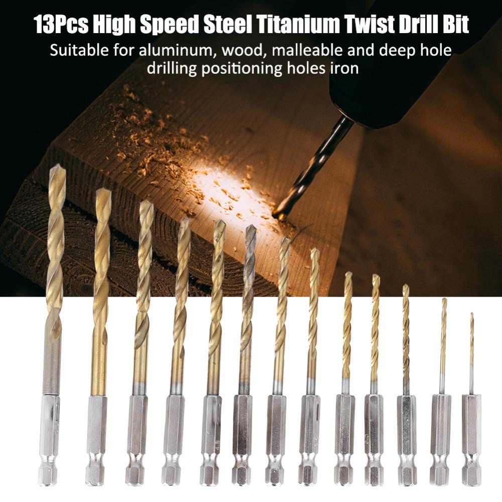13pcs Titanium Coated Drill Bit Set High Speed Steel Titanium Coated Drill Bits Wood Drilling