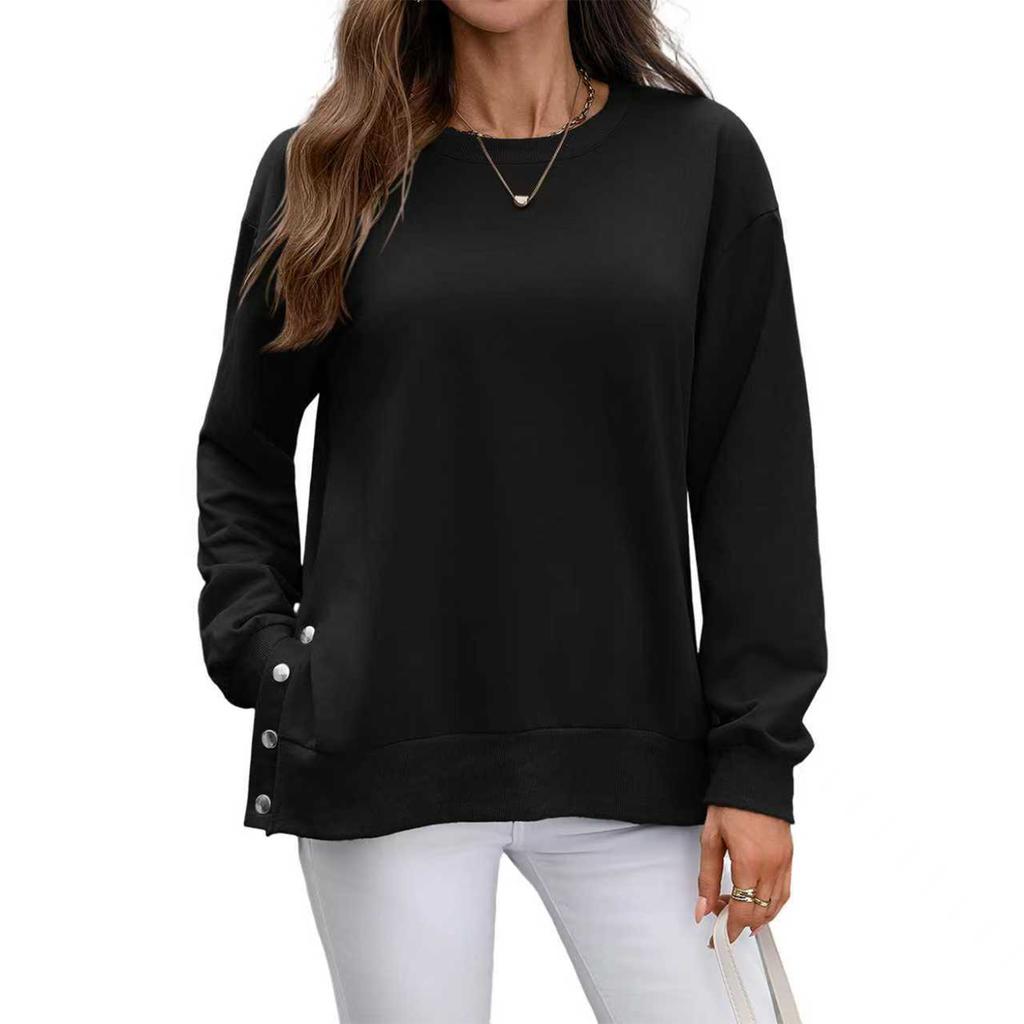 Women's Fashionable Round Neck Long Sleeved Solid Color Button Hem Slit Casual Hoodie Top